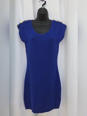 Mine Royal Blue Knit Shift Dress with Gold Buttons - Size Medium